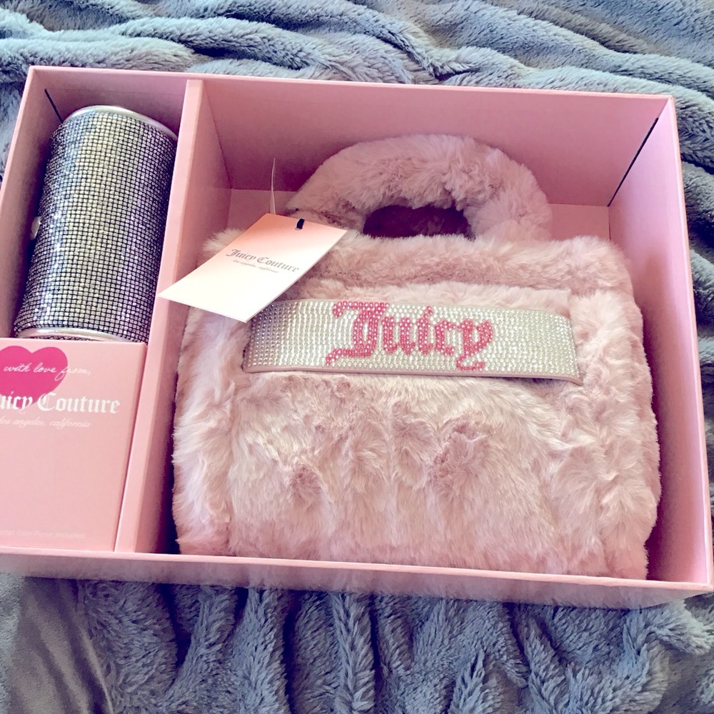 Juicy Couture Dusty Blush Pink Mini Faux Fur Tote and Barrel Coin Purse Gift Set